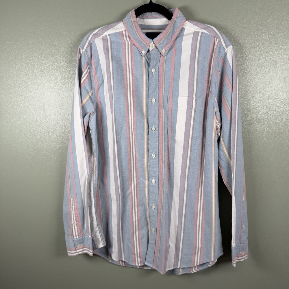 American Eagle Mens LT Button Down Shirt Blue Pink Stripe Cotton Long Sleeve